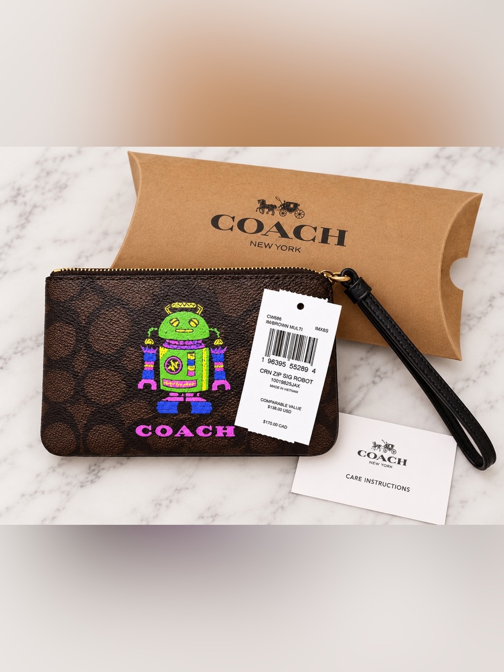 Coach Cosmic Robot Corner Zip Wristlet CW686 Brown Multi NWT + Care Card + Box